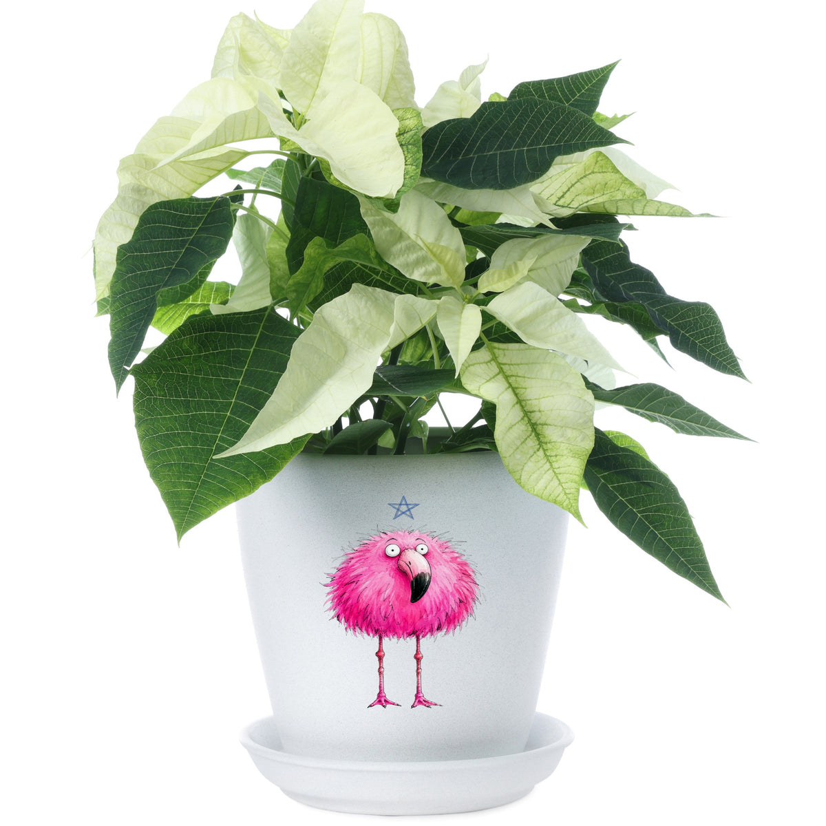 Pink Flamingo With Star UV DTF sticker applied to a white flower pot