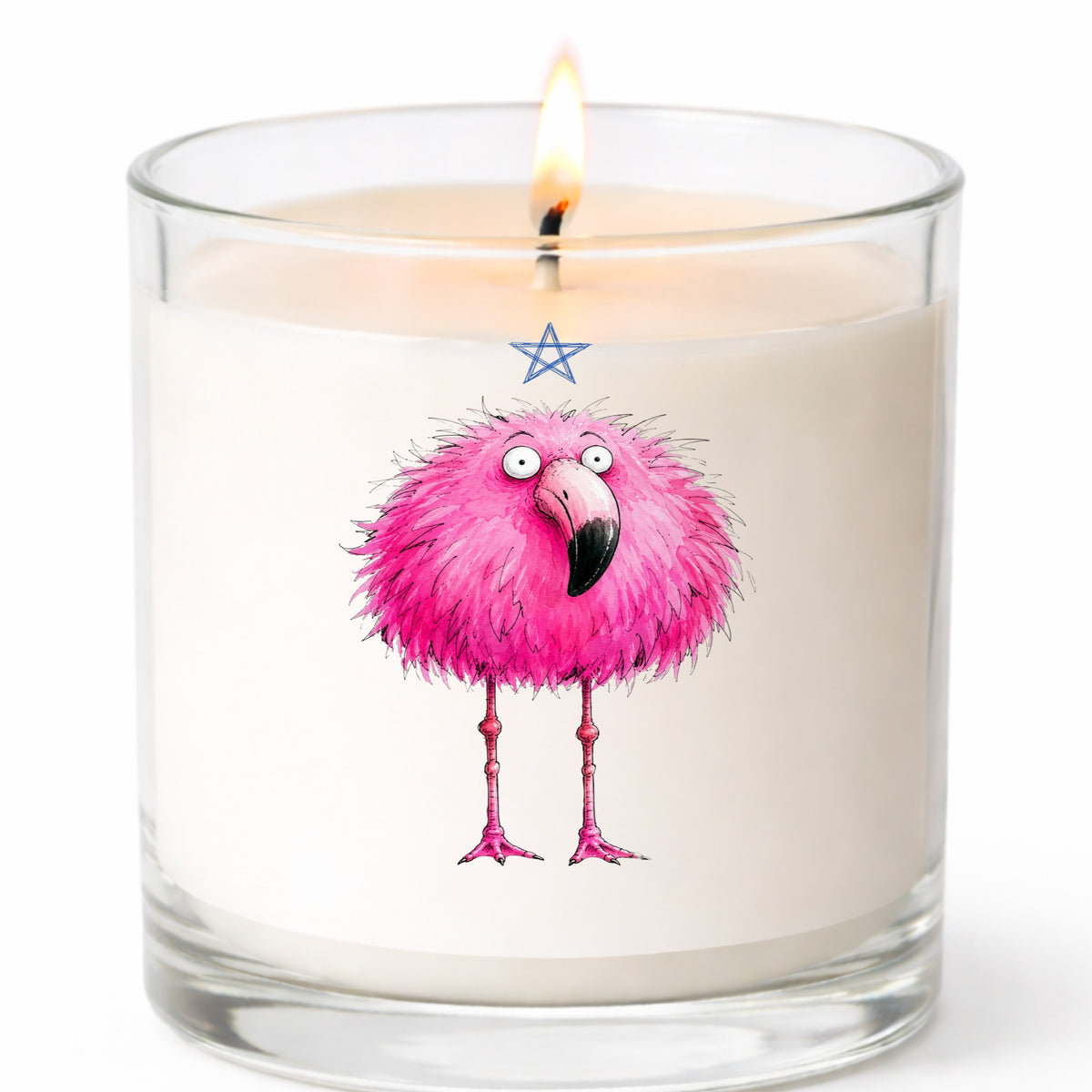 Pink Flamingo With Star UV DTF sticker applied to a white candle in a clear glass jar
