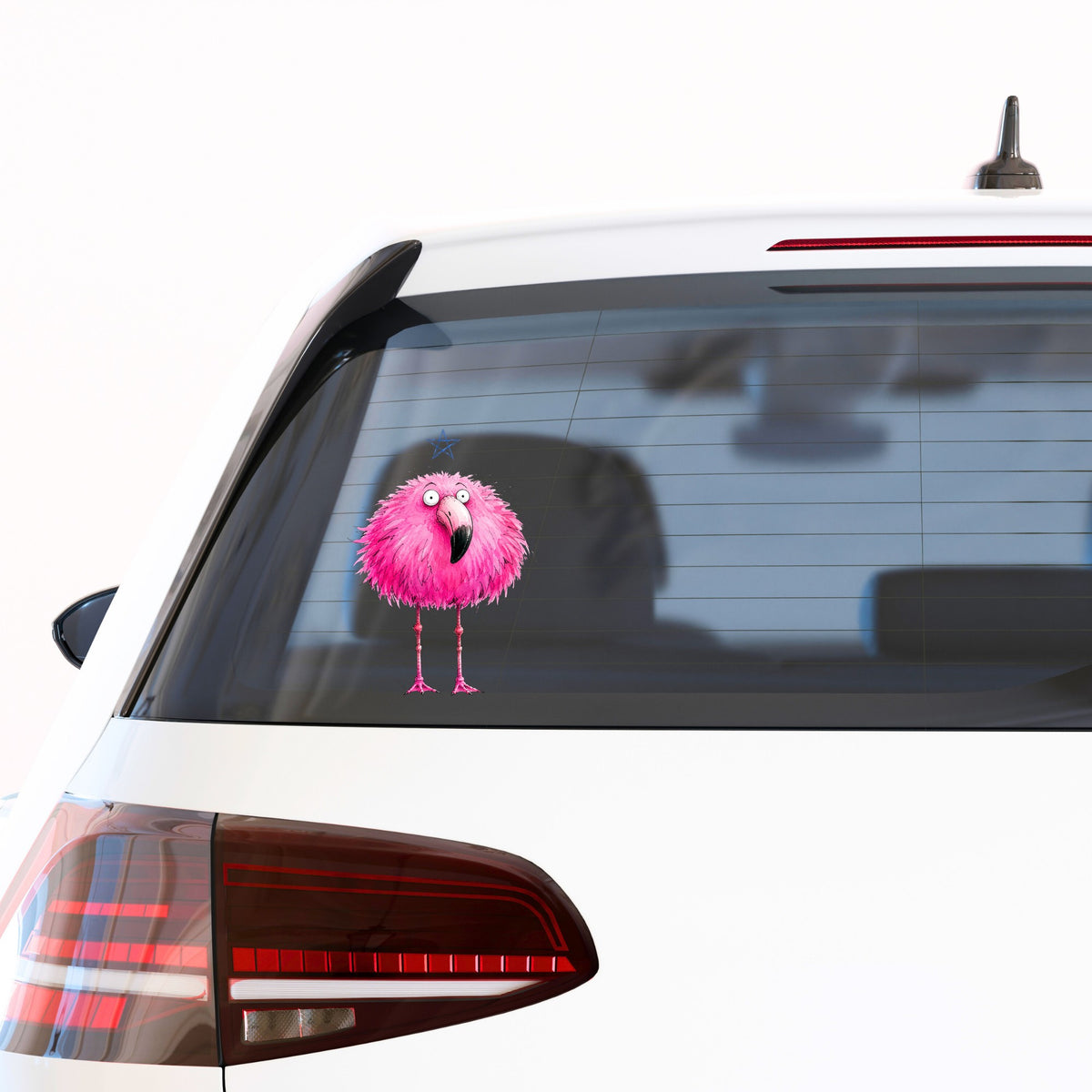 Pink Flamingo With Star UV DTF sticker applied to the rear window of a white car