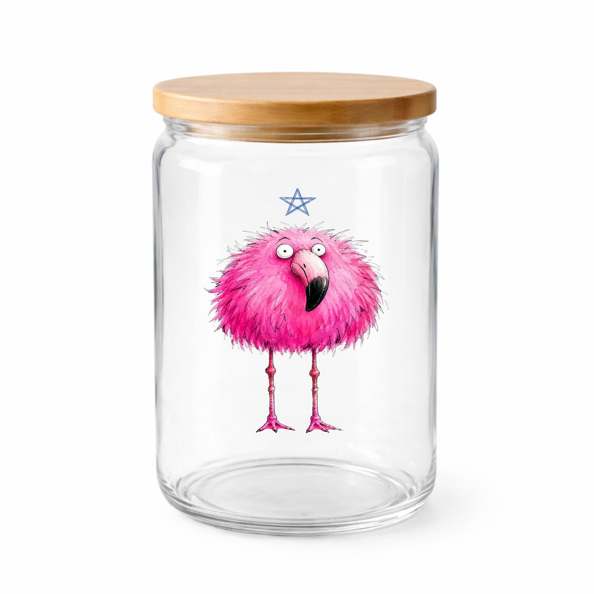 Pink Flamingo With Star UV DTF sticker applied to a clear glass jar with a wooden lid