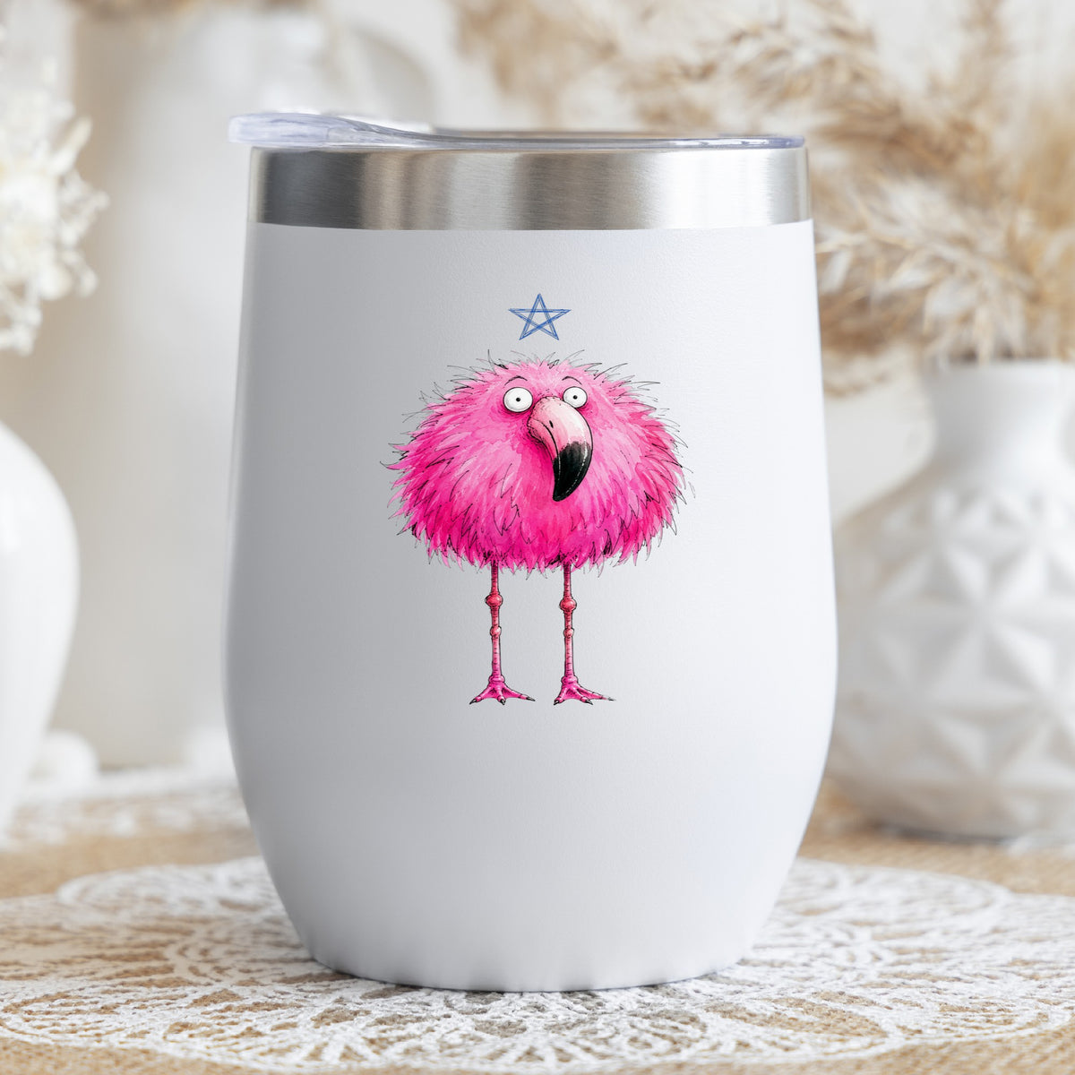 Pink Flamingo With Star UV DTF sticker applied to a white stemless tumbler with a lid