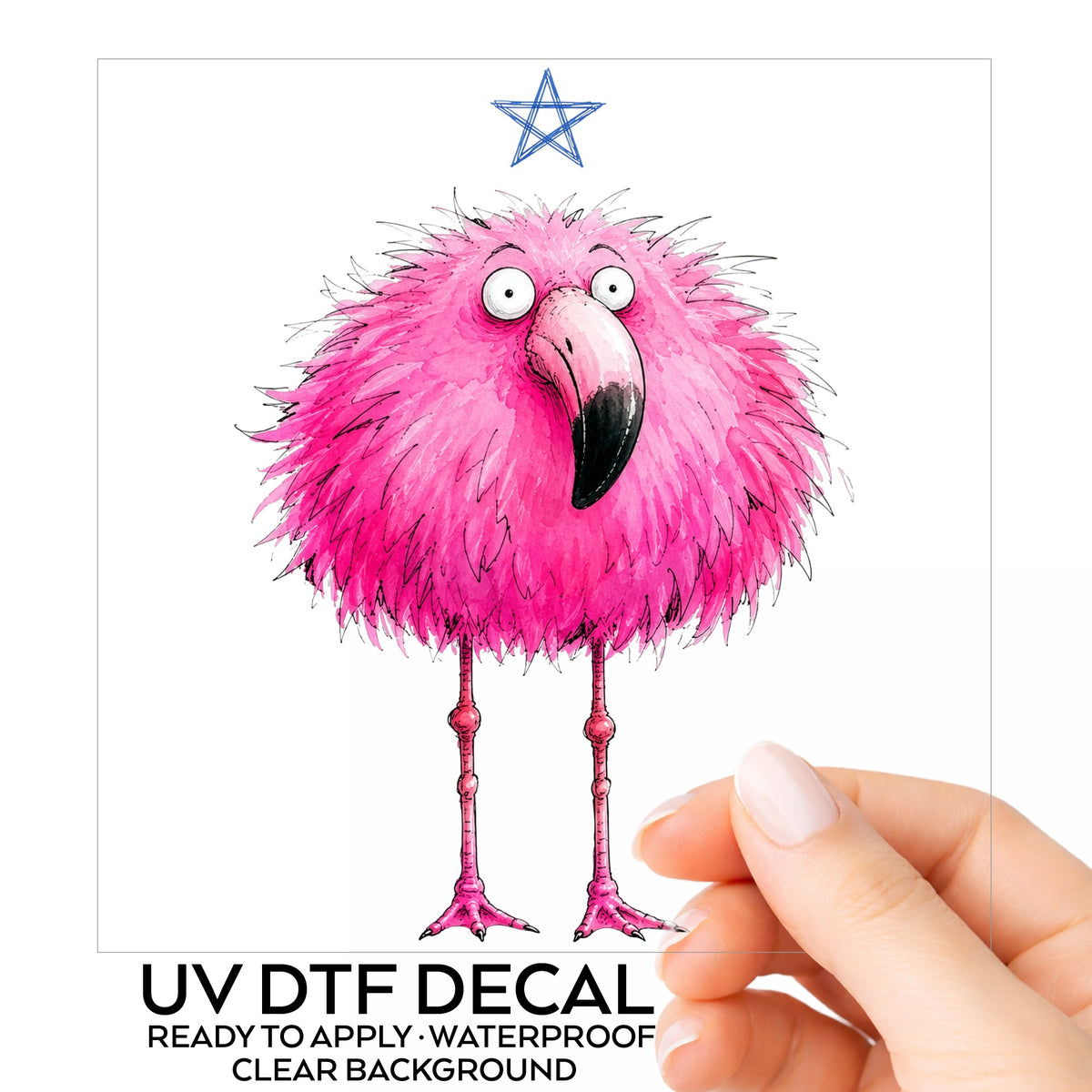 Pink Flamingo With Star UV DTF sticker on its backing card, held in hand