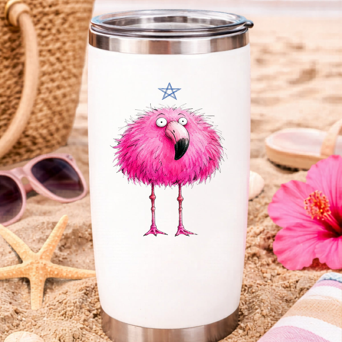 Pink Flamingo With Star UV DTF sticker applied to a white travel tumbler on beach sand