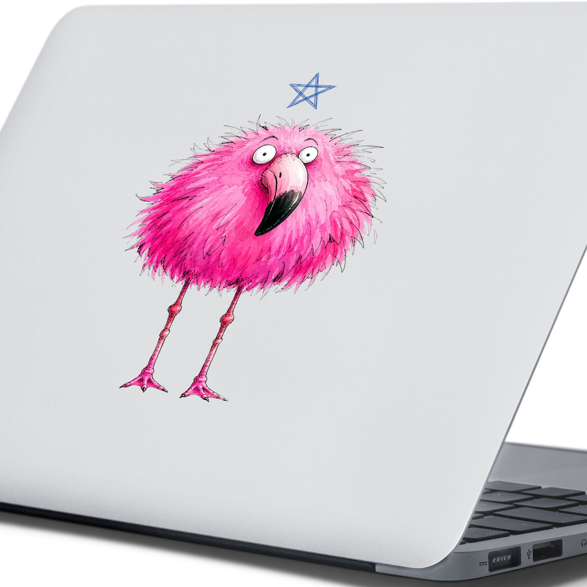 Pink Flamingo With Star UV DTF sticker applied to the lid of a silver laptop