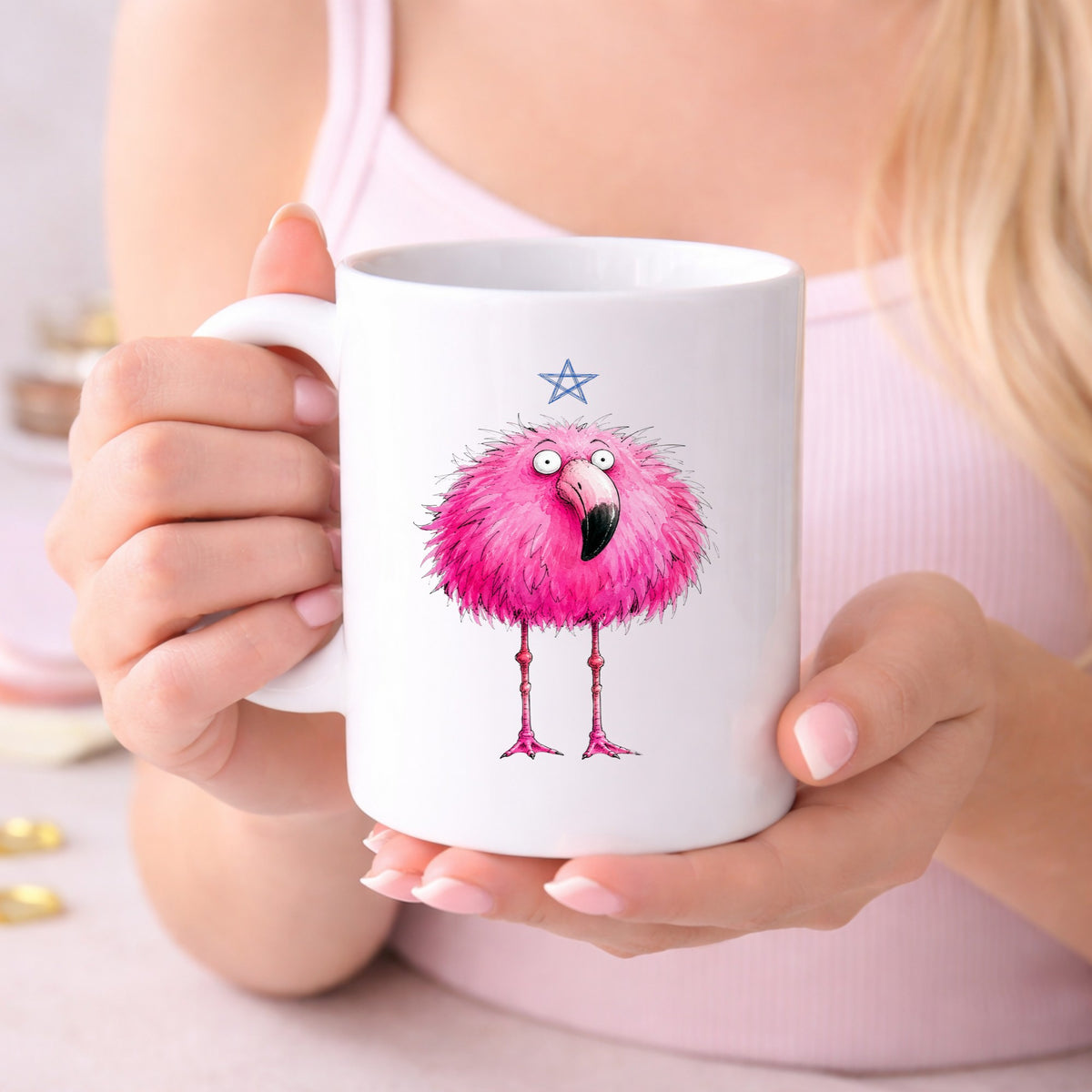 Pink Flamingo With Star UV DTF sticker applied to a white coffee mug held in both hands