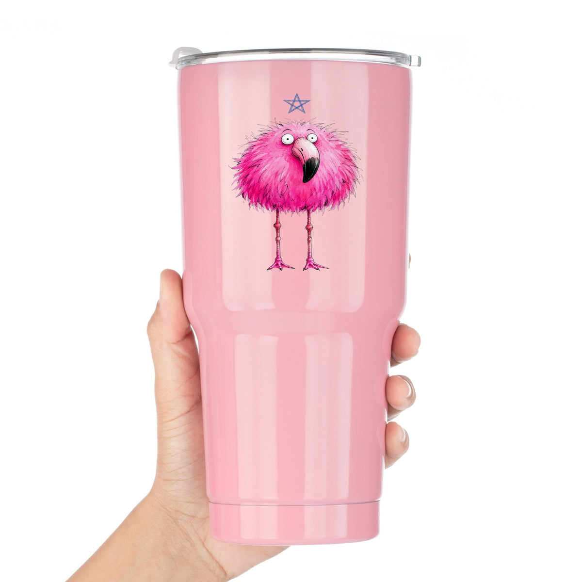Pink Flamingo With Star UV DTF sticker applied to a pink tumbler held against a white background