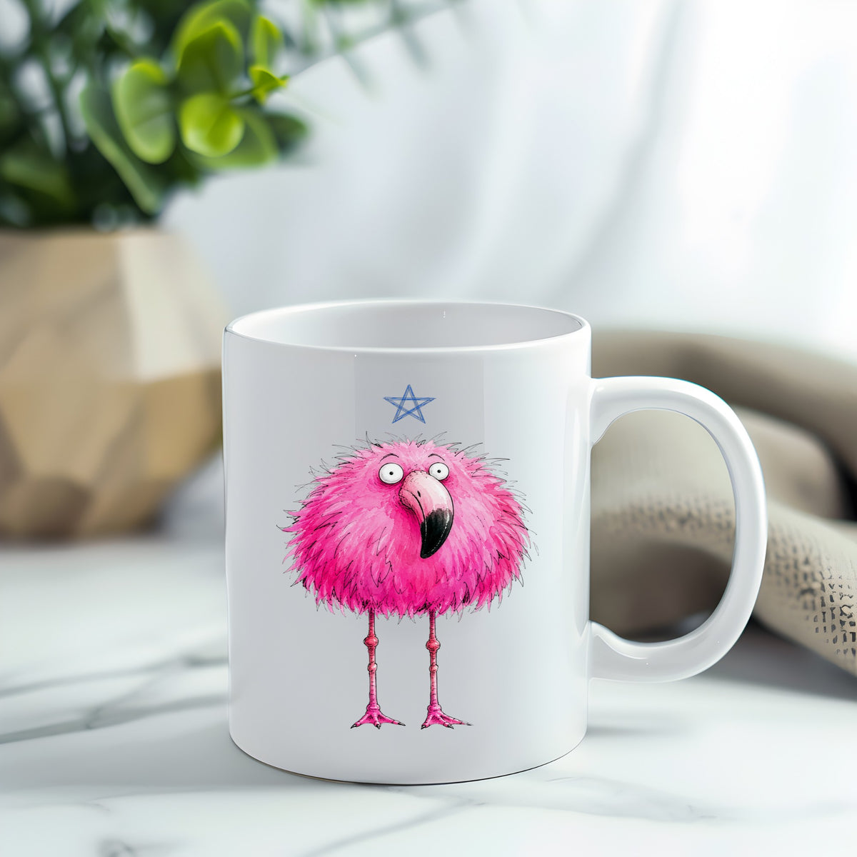 Pink Flamingo With Star UV DTF sticker applied to a white coffee mug