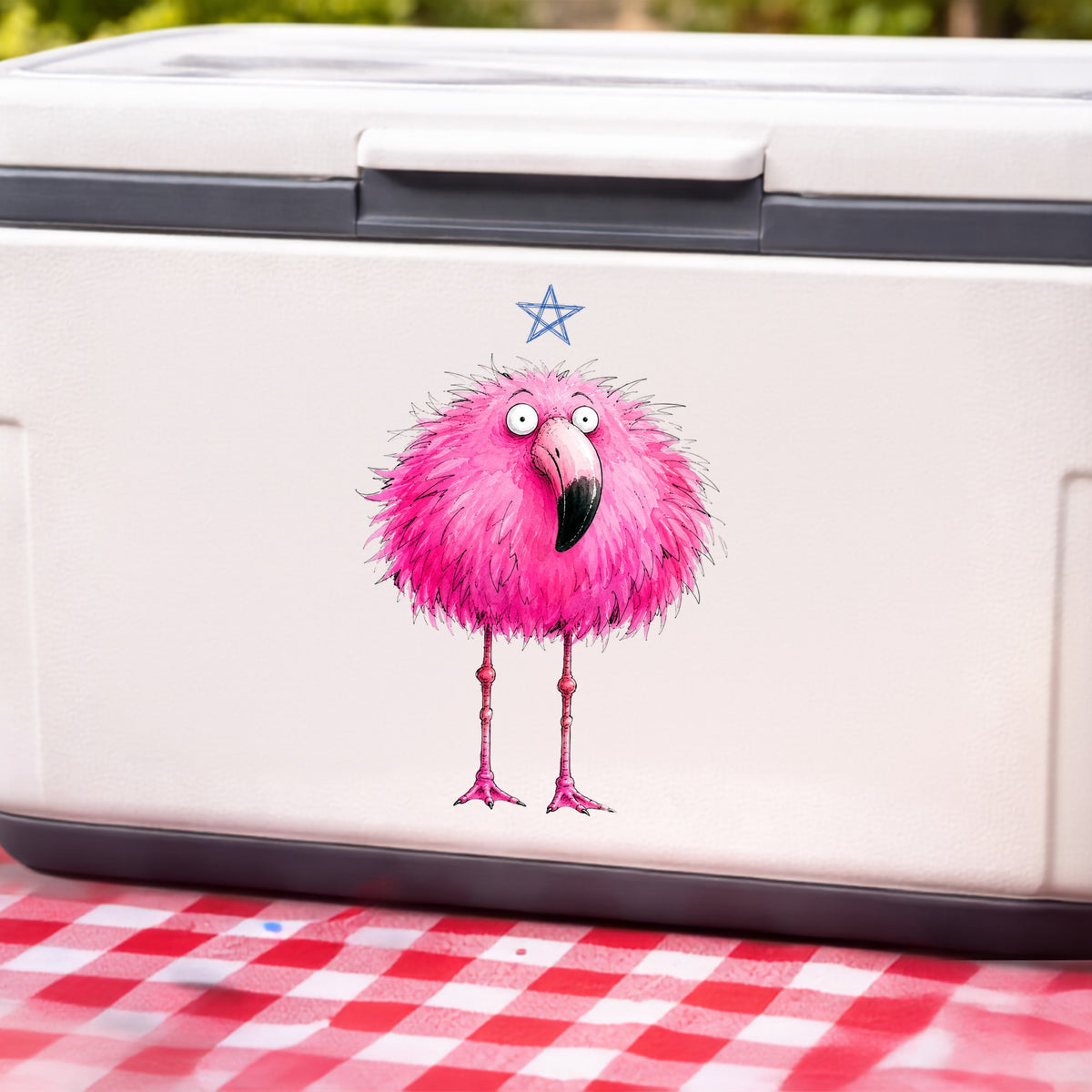 Pink Flamingo With Star UV DTF sticker applied to a white cooler on a red gingham cloth