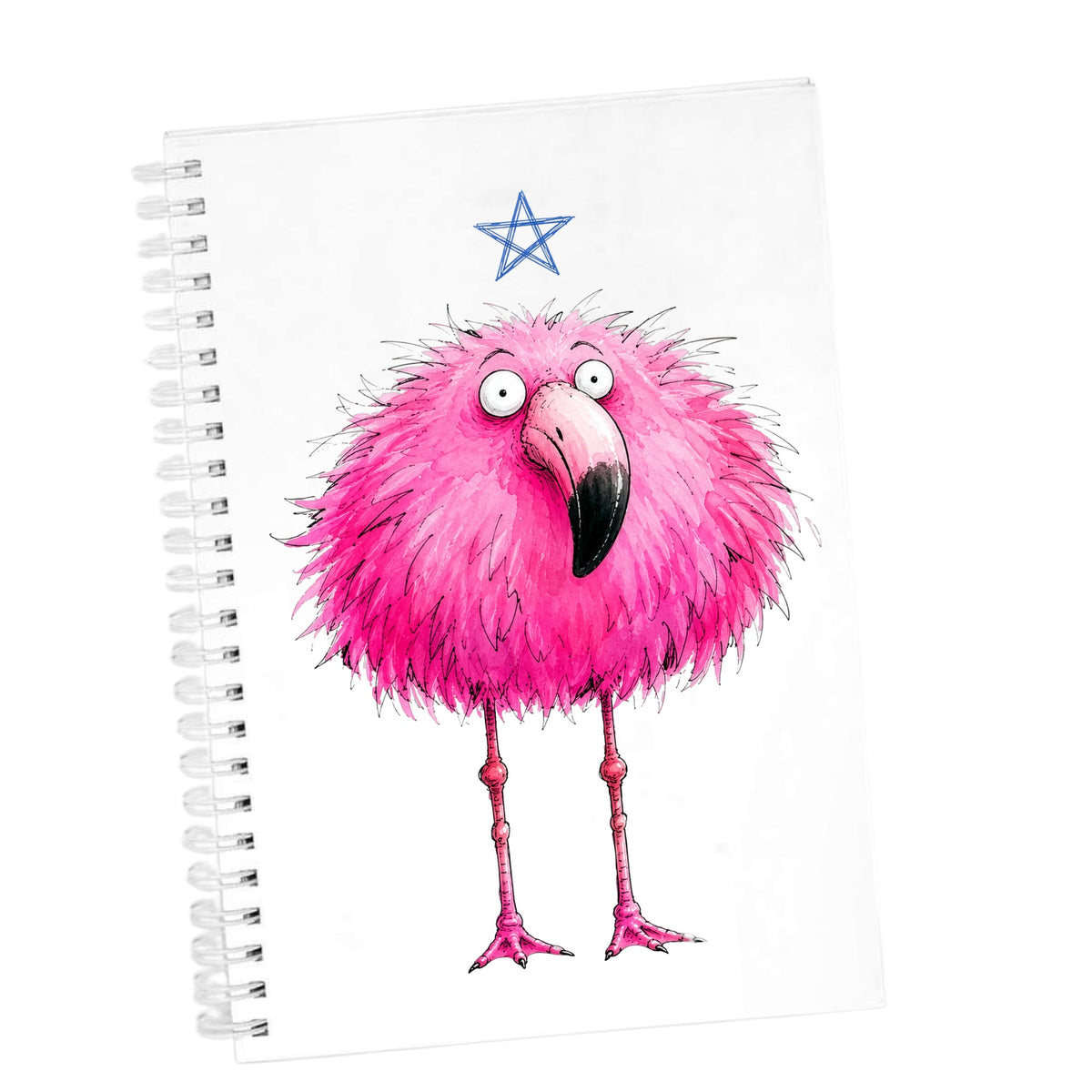 Pink Flamingo With Star UV DTF sticker applied to the cover of a white spiral journal