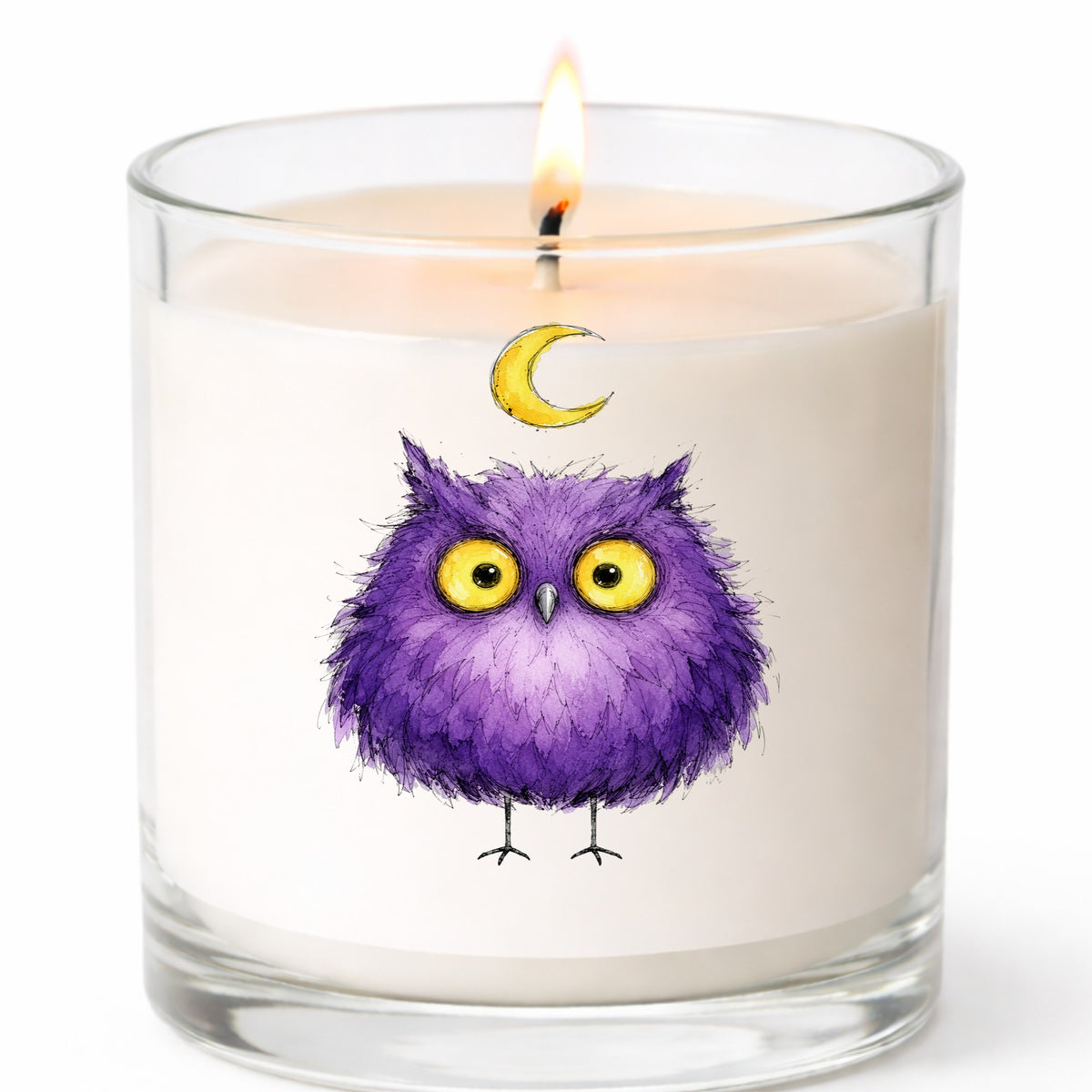 Purple Owl Crescent Moon UV DTF sticker applied to a white candle in a clear glass jar