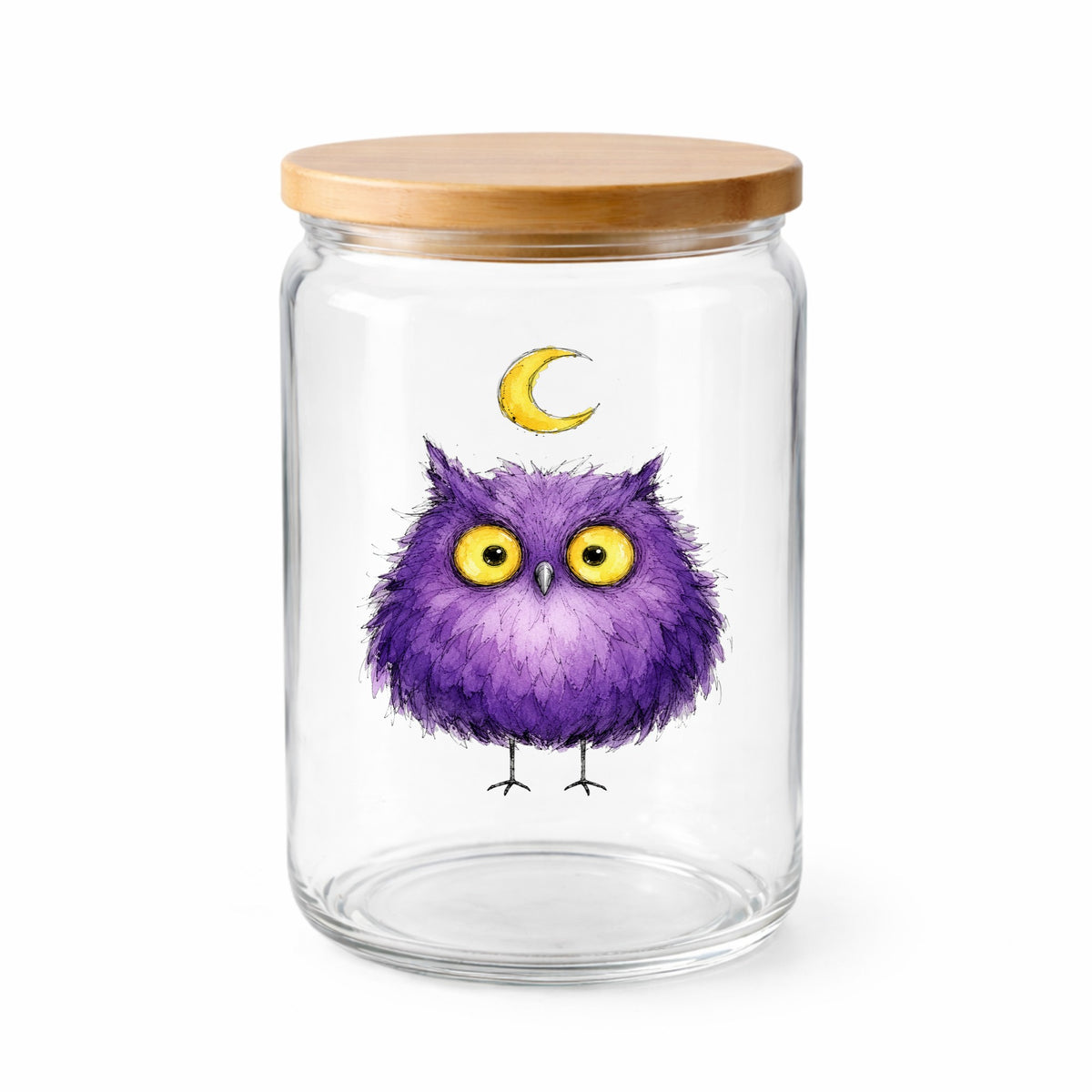 Purple Owl Crescent Moon UV DTF sticker applied to a clear glass jar with a wooden lid