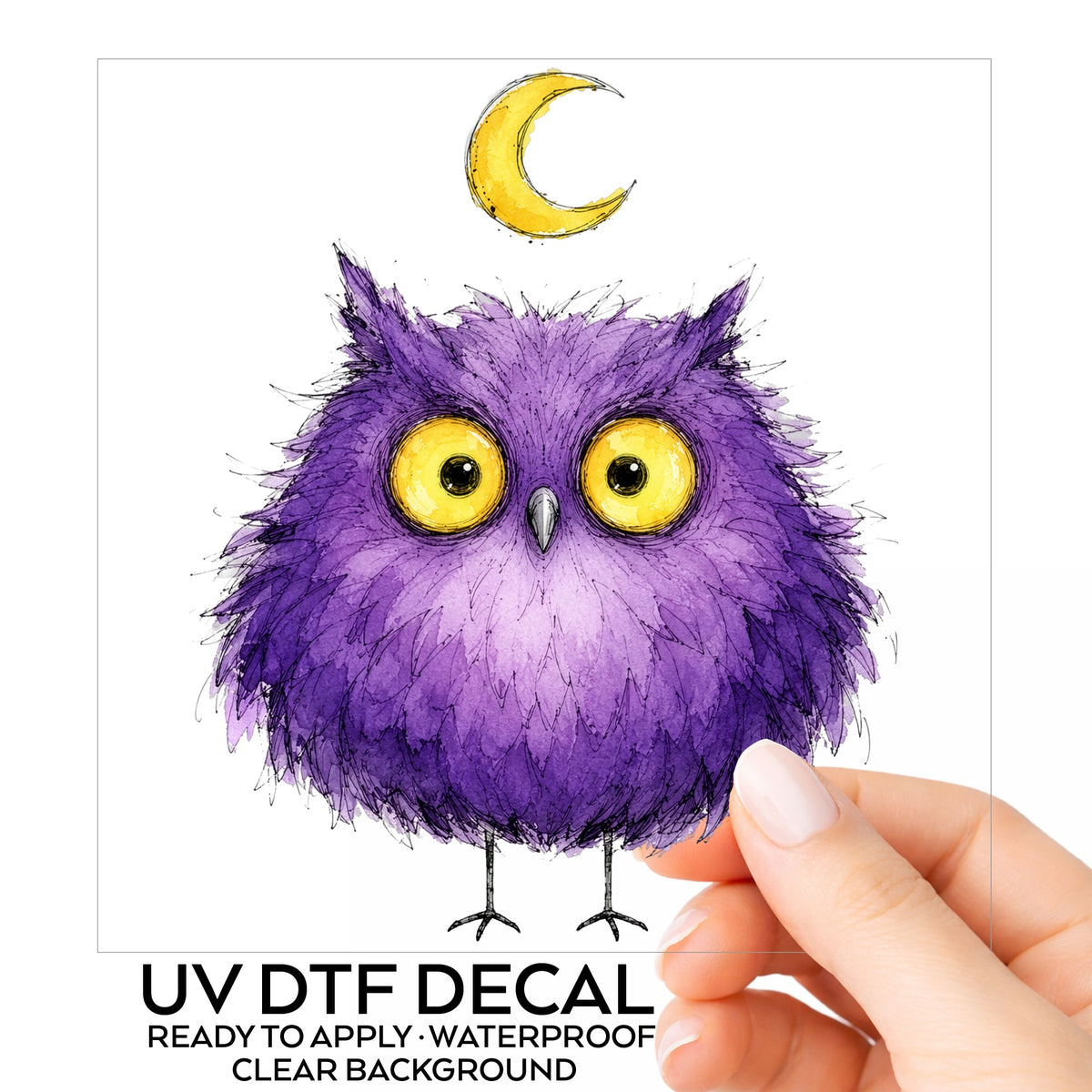 Purple Owl Crescent Moon UV DTF sticker on its backing card, held in hand