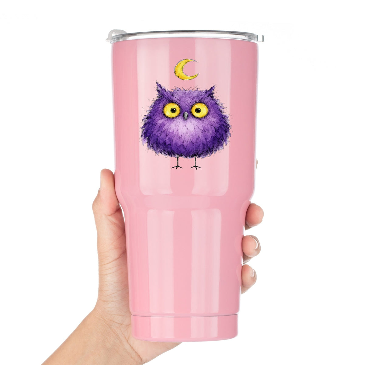 Purple Owl Crescent Moon UV DTF sticker applied to a pink tumbler held against a white background
