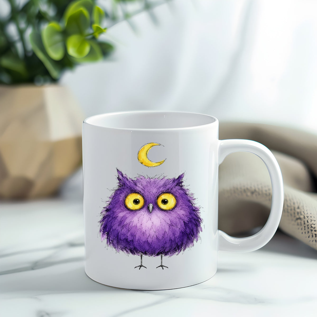 Purple Owl Crescent Moon UV DTF sticker applied to a white coffee mug
