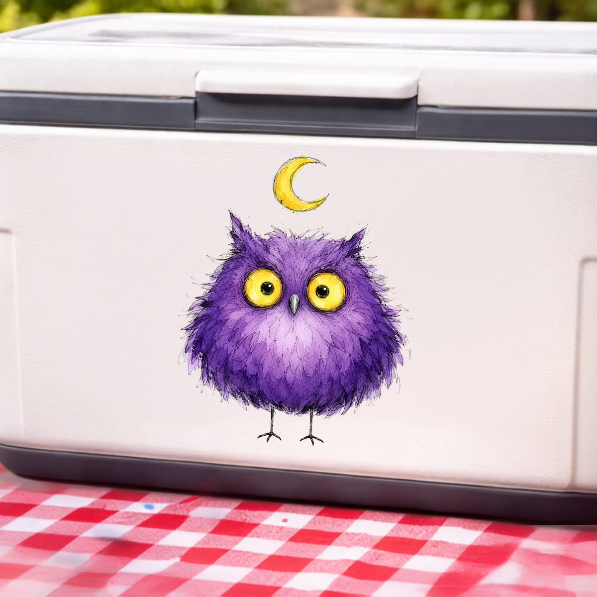 Purple Owl Crescent Moon UV DTF sticker applied to a white cooler on a red gingham cloth