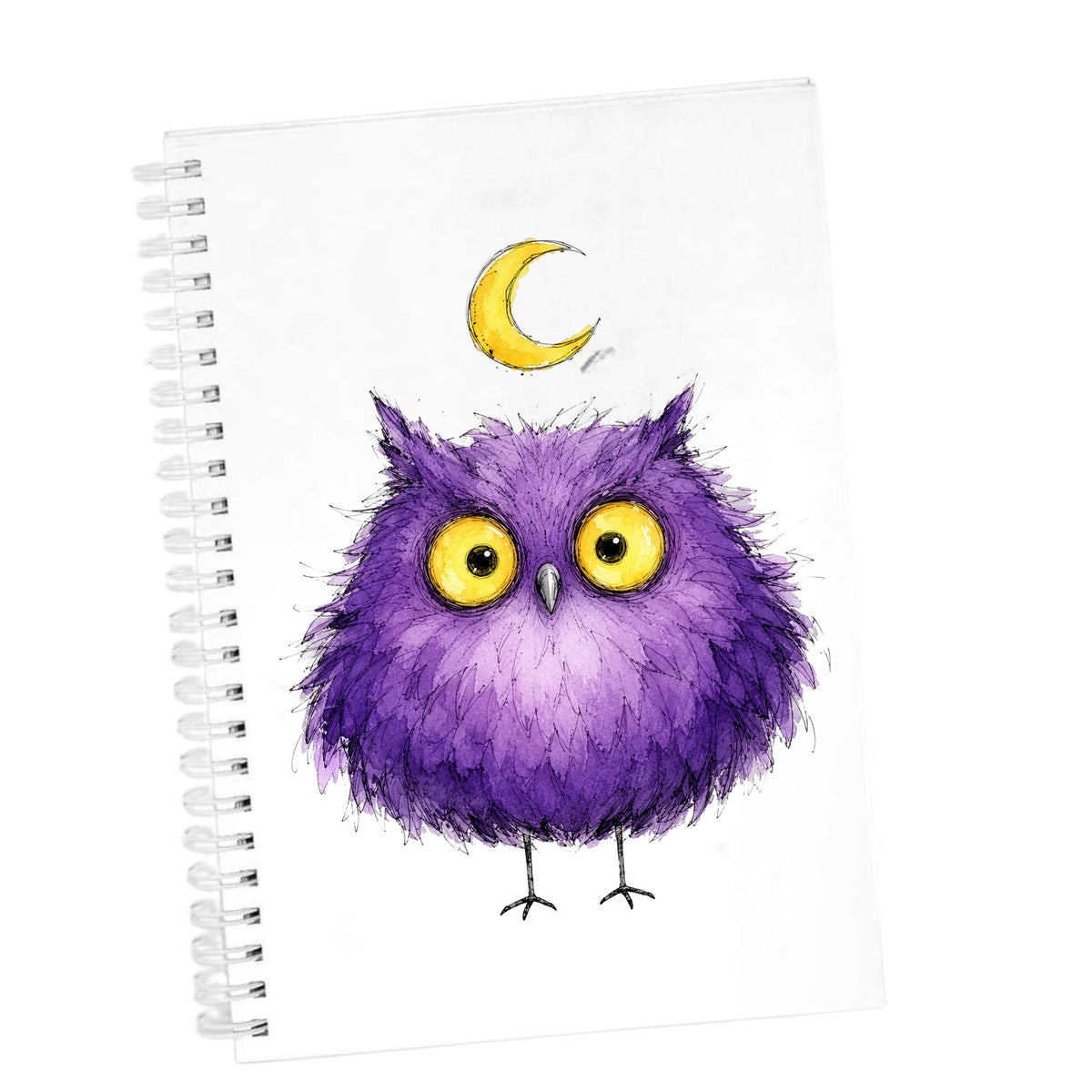 Purple Owl Crescent Moon UV DTF sticker applied to the cover of a white spiral journal