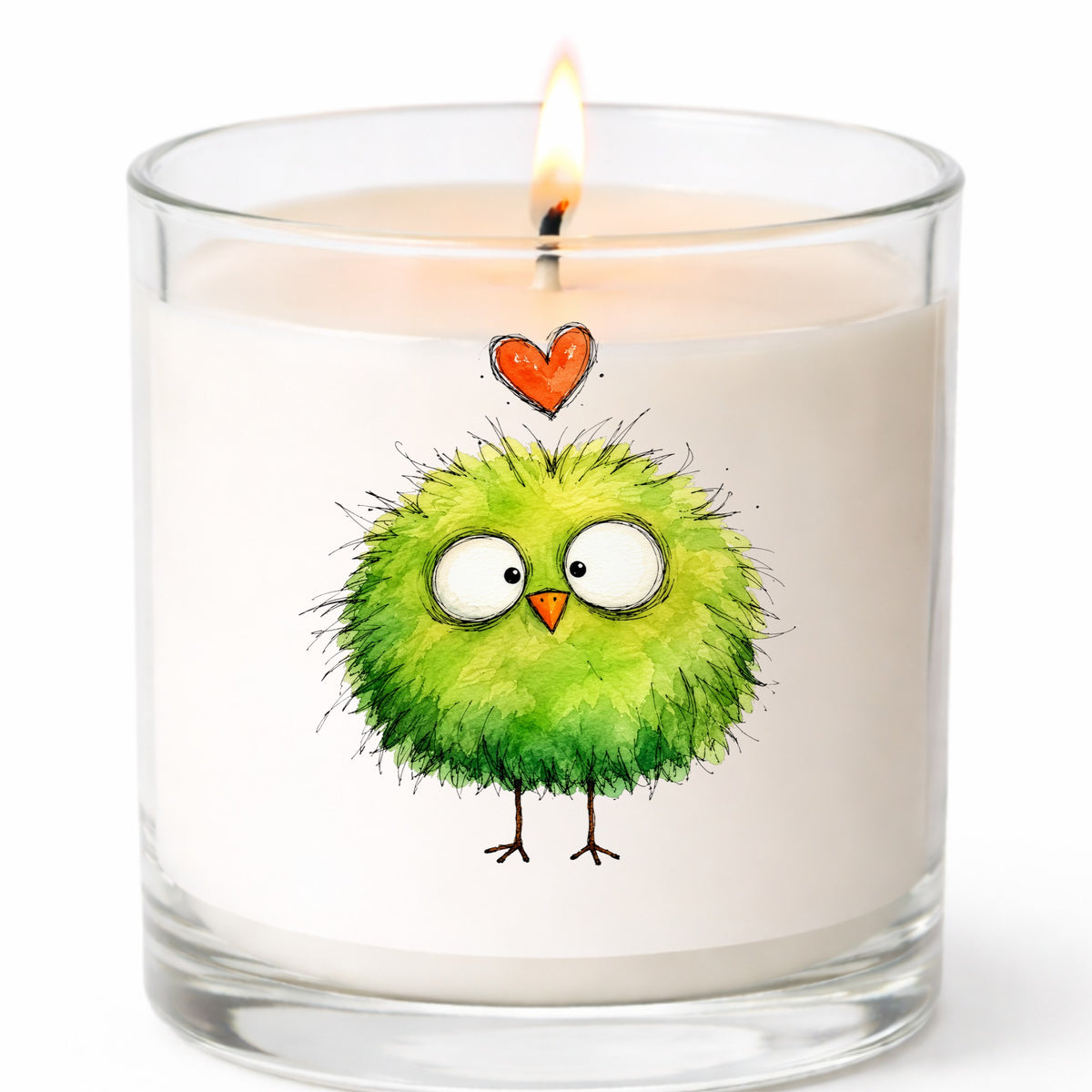 Fluffy Green Bird UV DTF sticker applied to a white candle in a clear glass jar