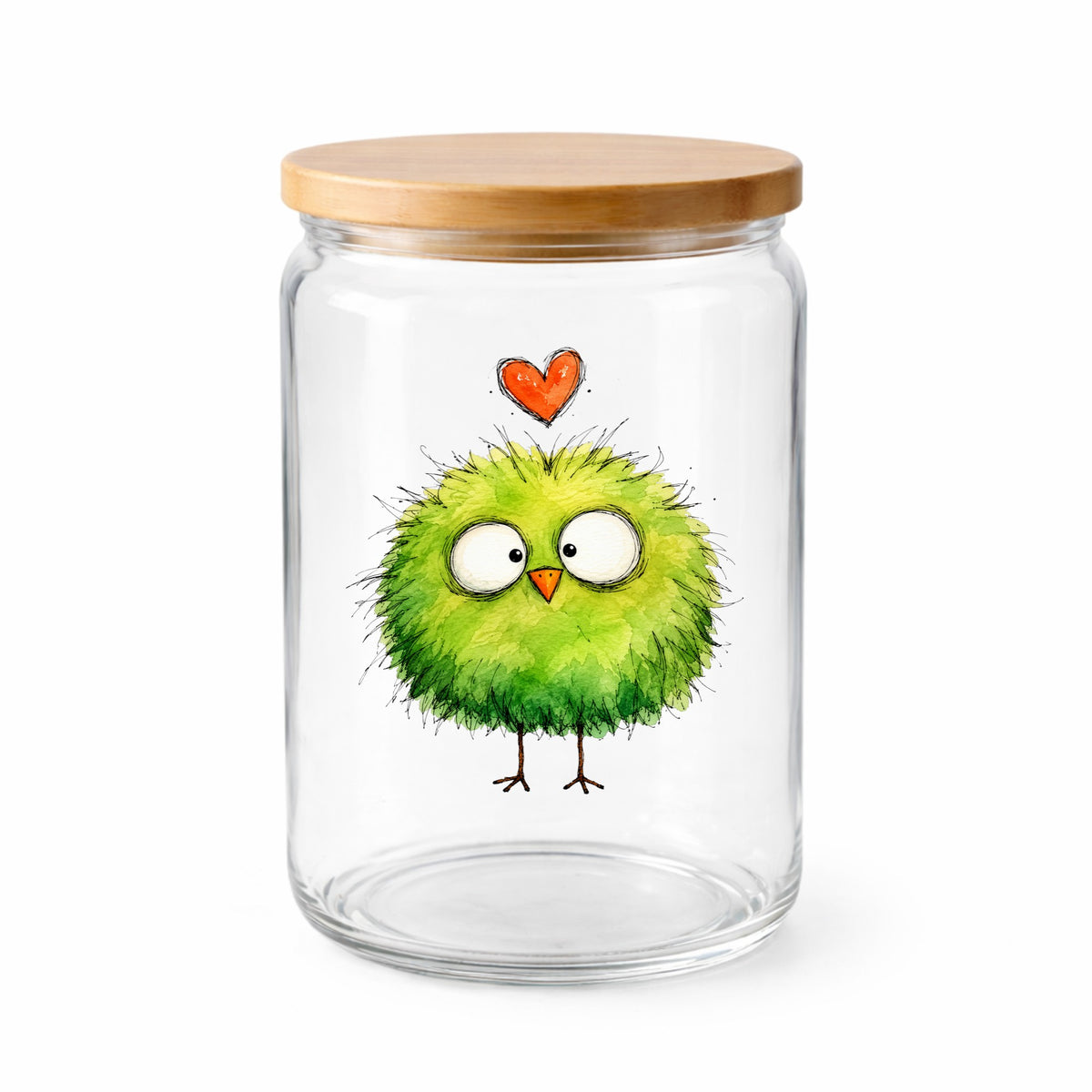 Fluffy Green Bird UV DTF sticker applied to a clear glass jar with a wooden lid