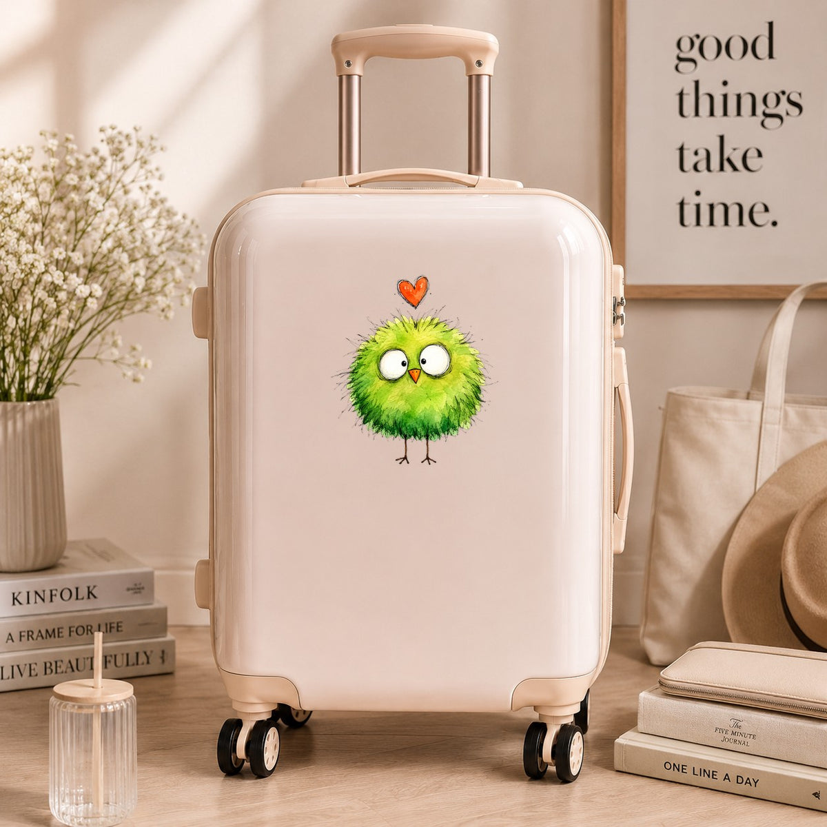 Fluffy Green Bird UV DTF sticker applied to a cream carry-on suitcase
