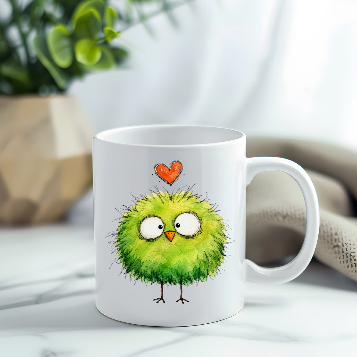 Fluffy Green Bird UV DTF sticker applied to a white coffee mug