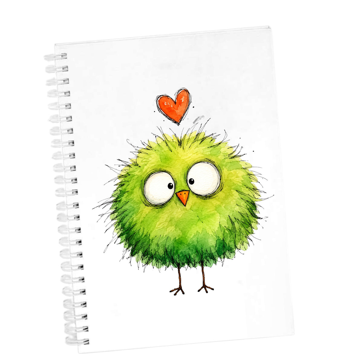 Fluffy Green Bird UV DTF sticker applied to the cover of a white spiral journal