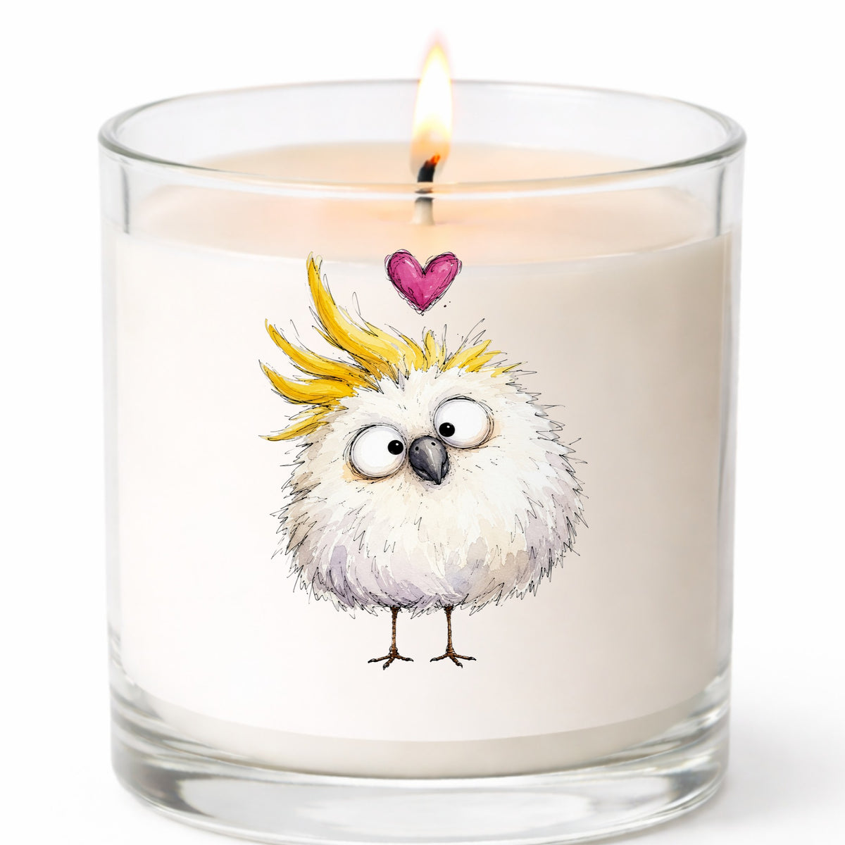 Funny White Cockatoo UV DTF sticker applied to a white candle in a clear glass jar