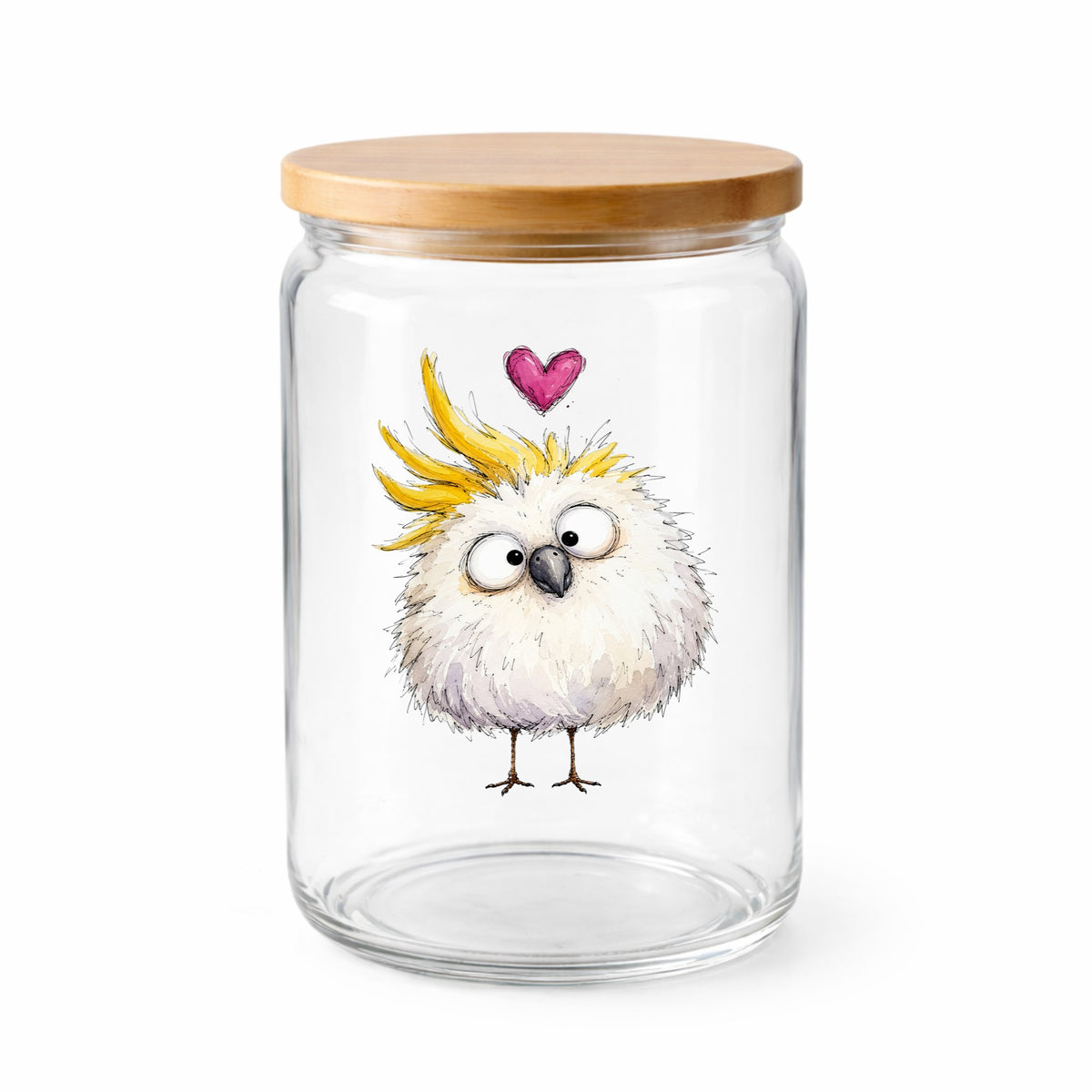 Funny White Cockatoo UV DTF sticker applied to a clear glass jar with a wooden lid