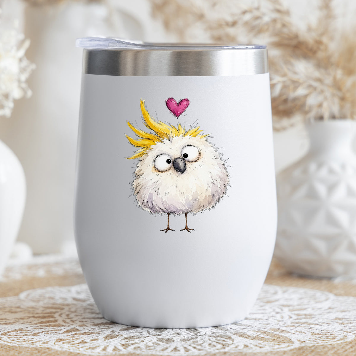 Funny White Cockatoo UV DTF sticker applied to a white stemless tumbler with a lid
