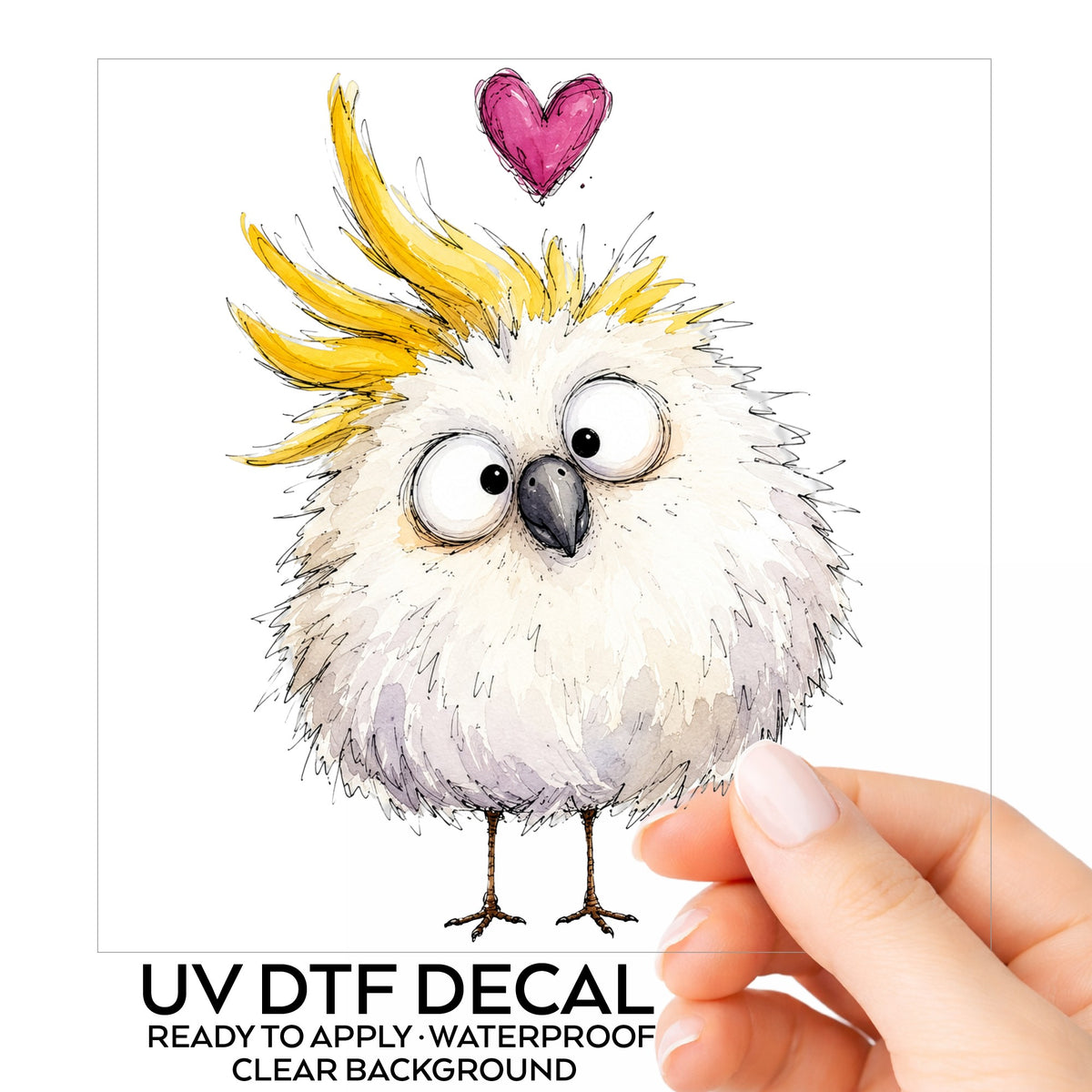Funny White Cockatoo UV DTF sticker on its backing card, held in hand