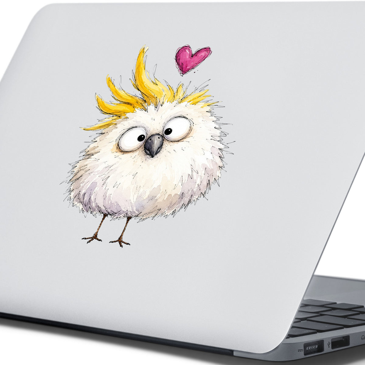 Funny White Cockatoo UV DTF sticker applied to the lid of a silver laptop