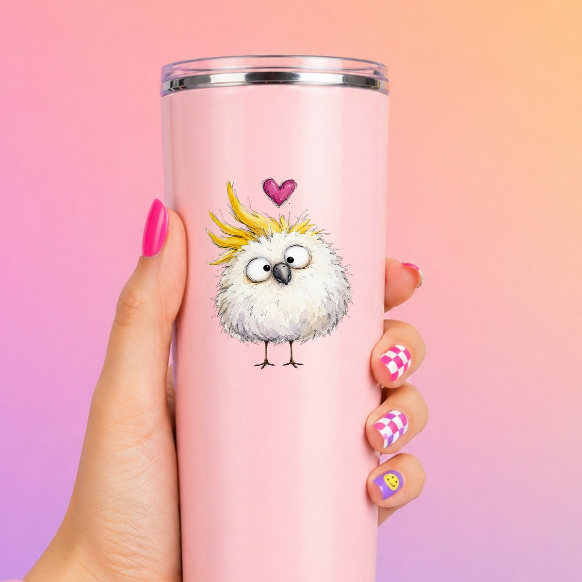 Funny White Cockatoo UV DTF sticker applied to a tall pink tumbler on a pink and orange background