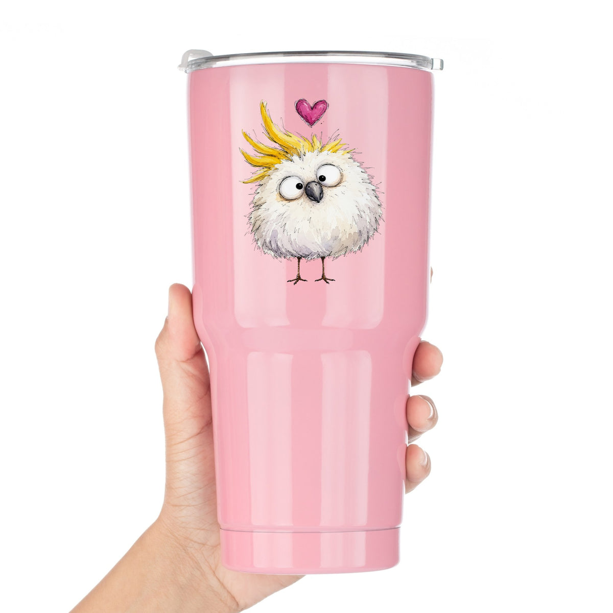 Funny White Cockatoo UV DTF sticker applied to a pink tumbler held against a white background