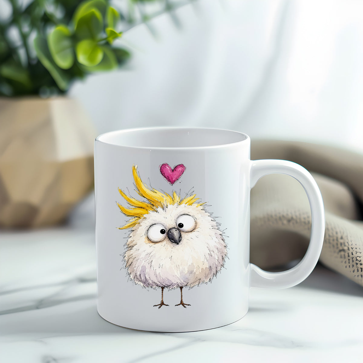 Funny White Cockatoo UV DTF sticker applied to a white coffee mug