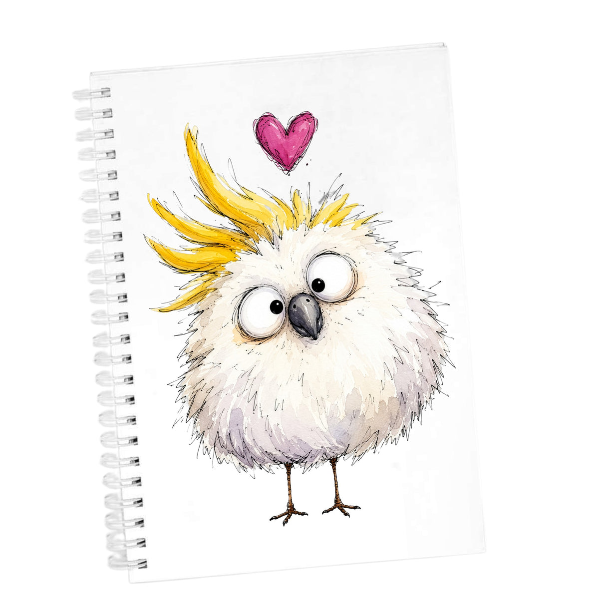Funny White Cockatoo UV DTF sticker applied to the cover of a white spiral journal