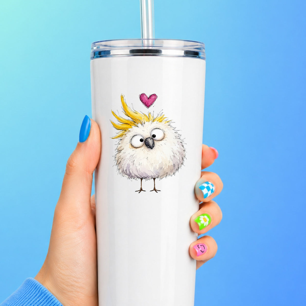 Funny White Cockatoo UV DTF sticker applied to a white straw tumbler on a blue background