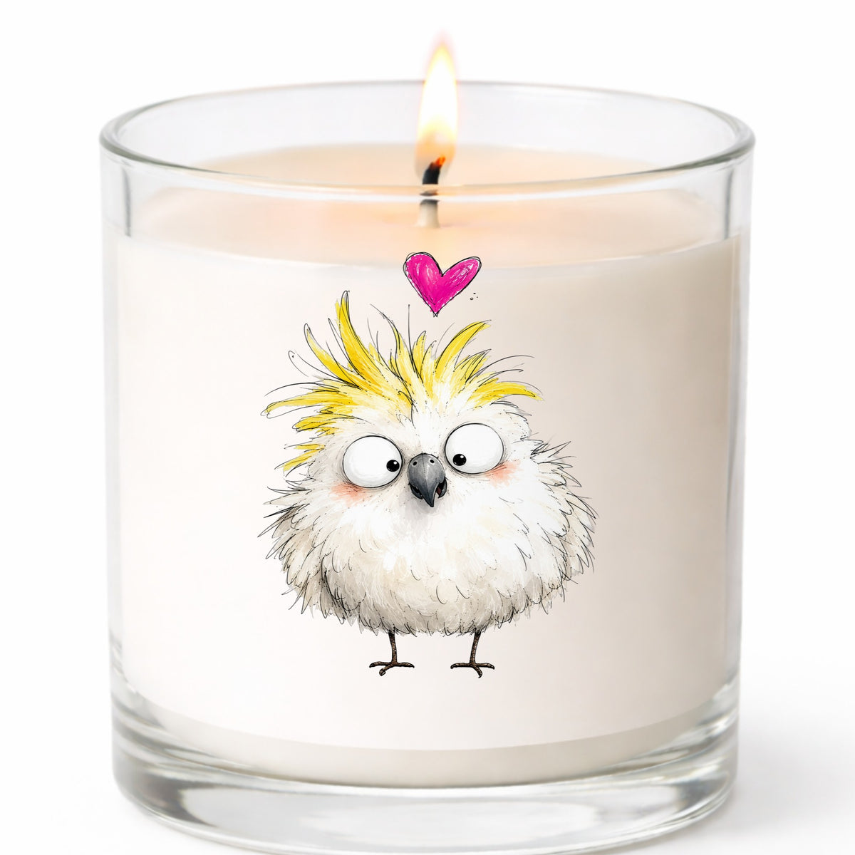 Cartoon Cockatoo Parrot UV DTF sticker applied to a white candle in a clear glass jar