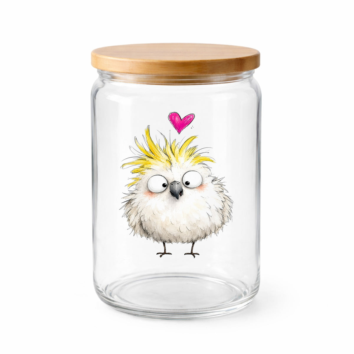 Cartoon Cockatoo Parrot UV DTF sticker applied to a clear glass jar with a wooden lid