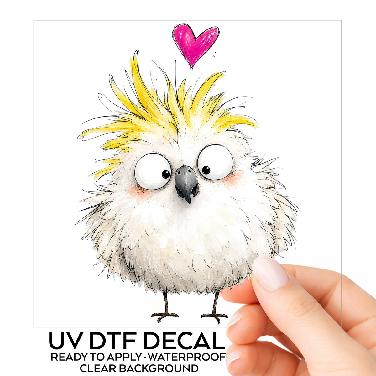 Cartoon Cockatoo Parrot UV DTF sticker on its backing card, held in hand