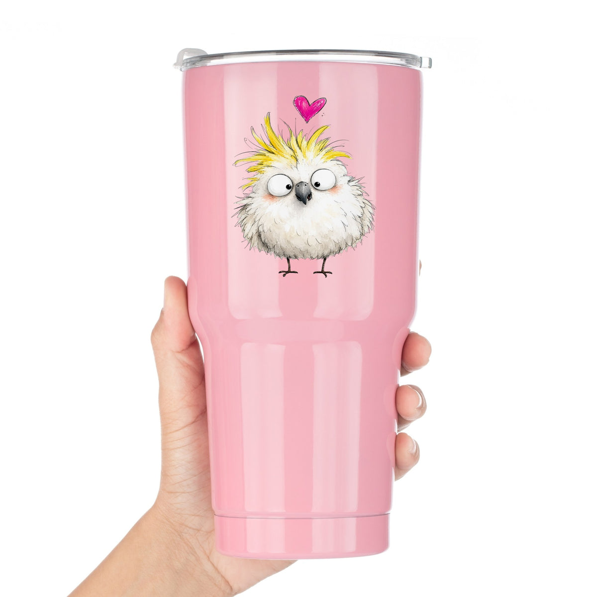 Cartoon Cockatoo Parrot UV DTF sticker applied to a pink tumbler held against a white background