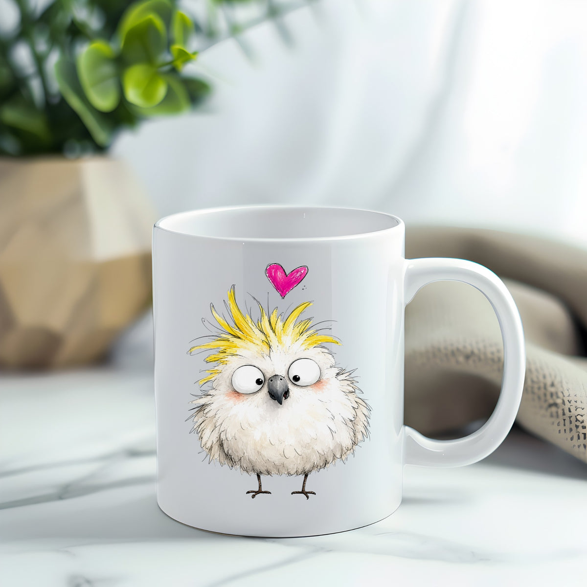 Cartoon Cockatoo Parrot UV DTF sticker applied to a white coffee mug