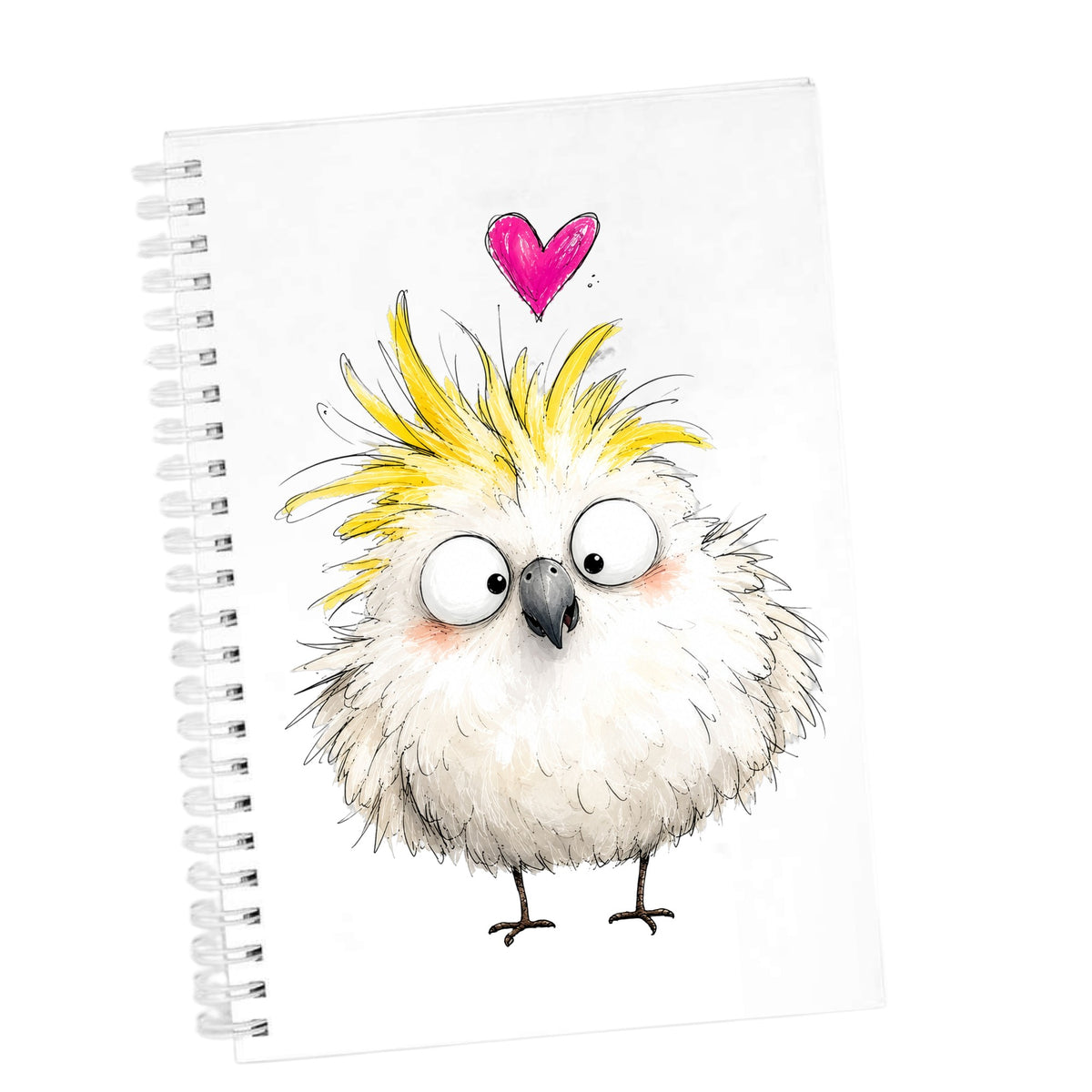 Cartoon Cockatoo Parrot UV DTF sticker applied to the cover of a white spiral journal