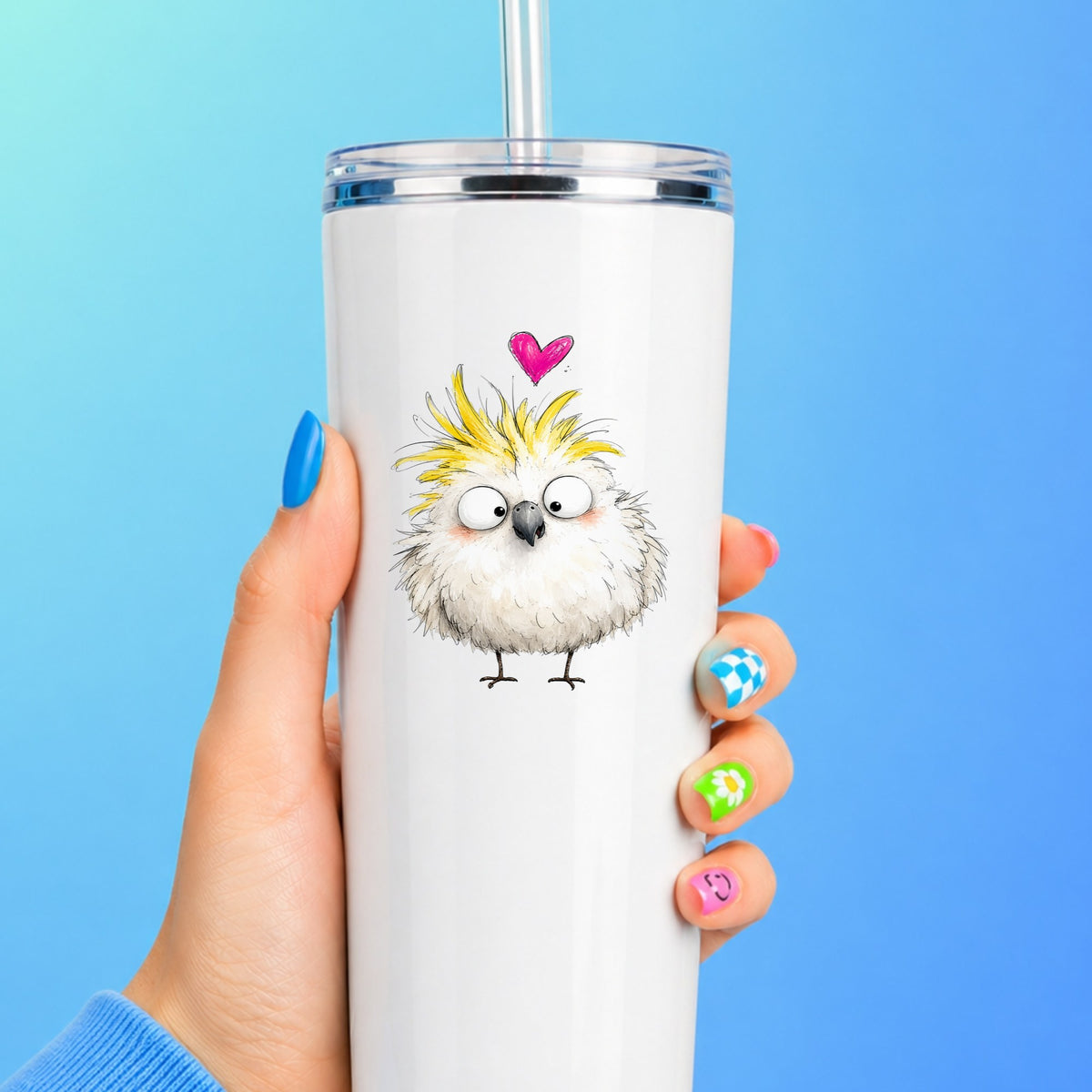 Cartoon Cockatoo Parrot UV DTF sticker applied to a white straw tumbler on a blue background