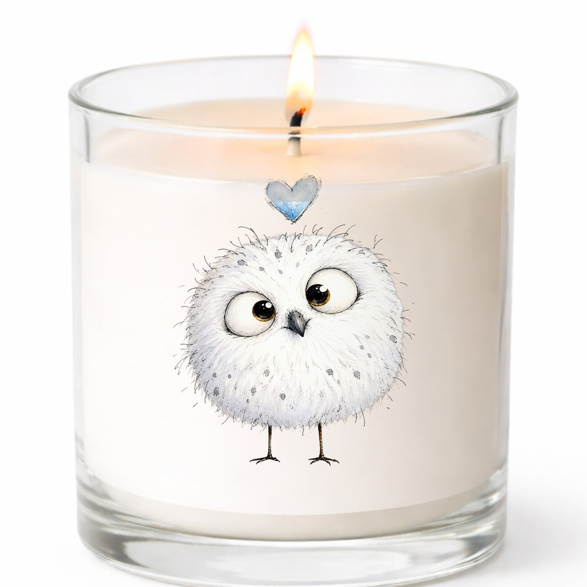 Round White Owl UV DTF sticker applied to a white candle in a clear glass jar