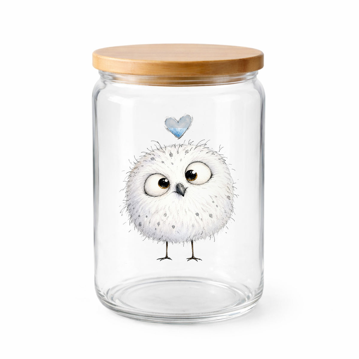 Round White Owl UV DTF sticker applied to a clear glass jar with a wooden lid