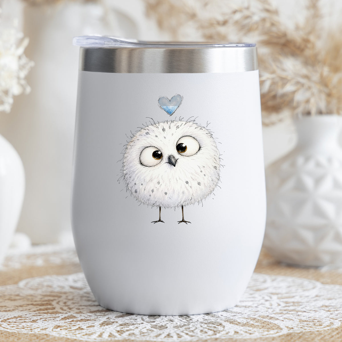 Round White Owl UV DTF sticker applied to a white stemless tumbler with a lid