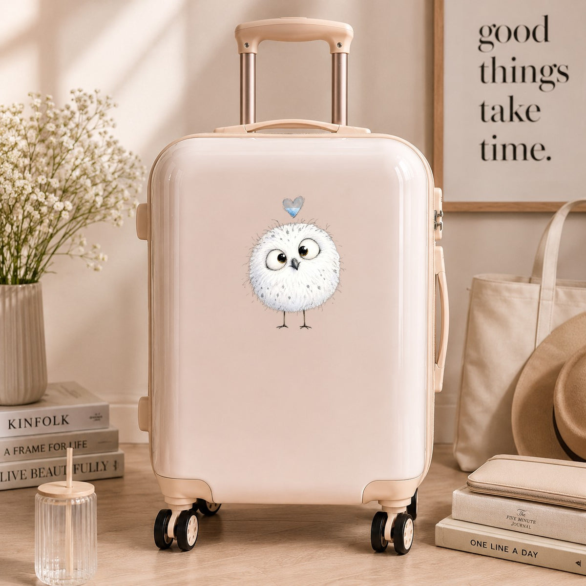 Round White Owl UV DTF sticker applied to a cream carry-on suitcase