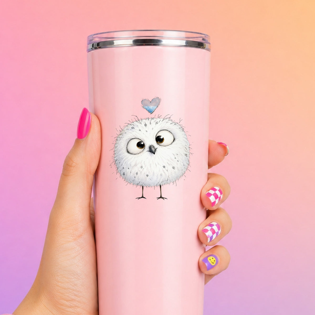 Round White Owl UV DTF sticker applied to a tall pink tumbler on a pink and orange background