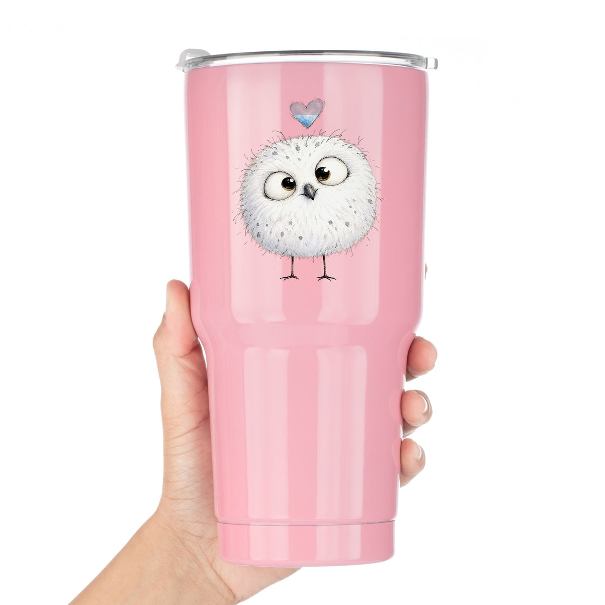 Round White Owl UV DTF sticker applied to a pink tumbler held against a white background