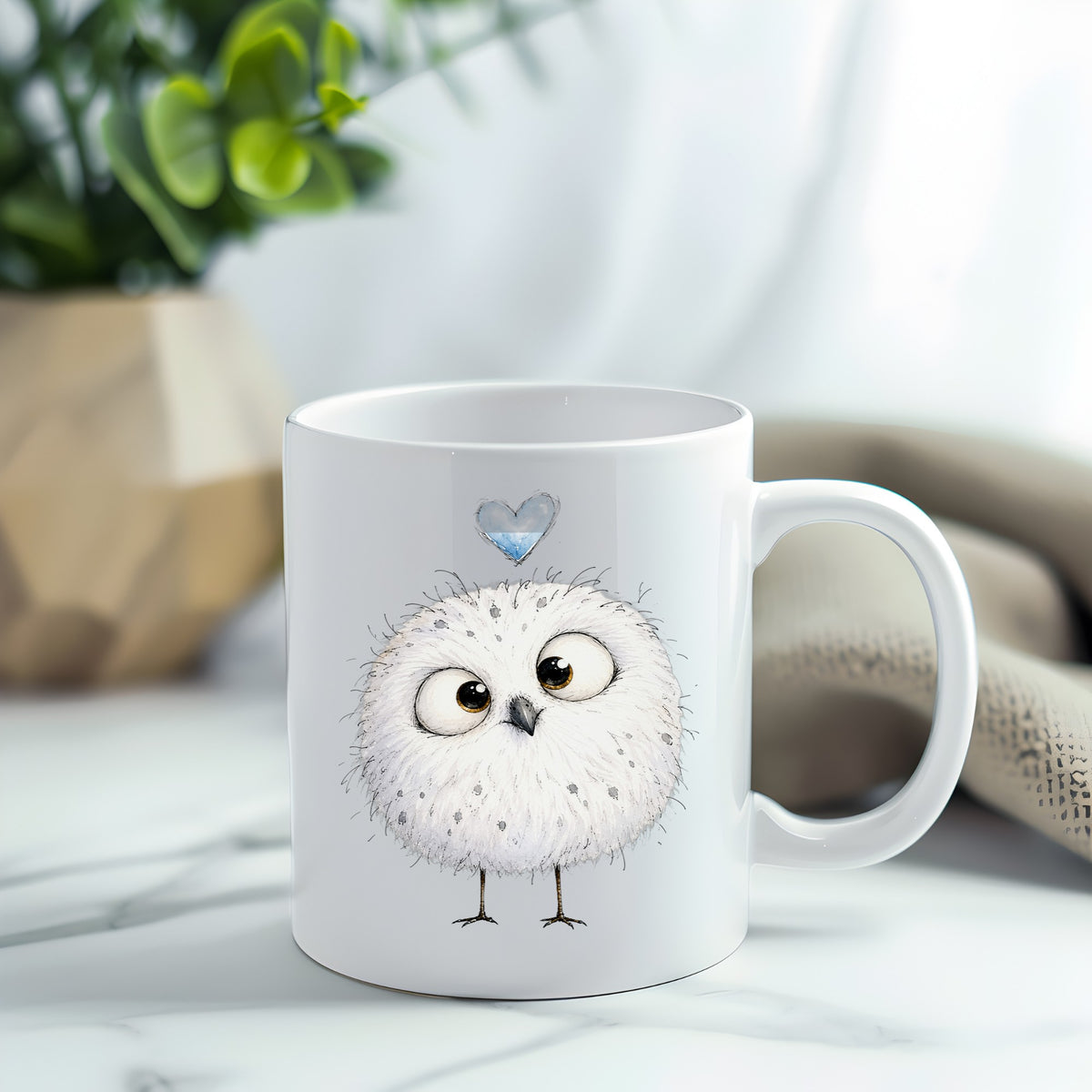 Round White Owl UV DTF sticker applied to a white coffee mug