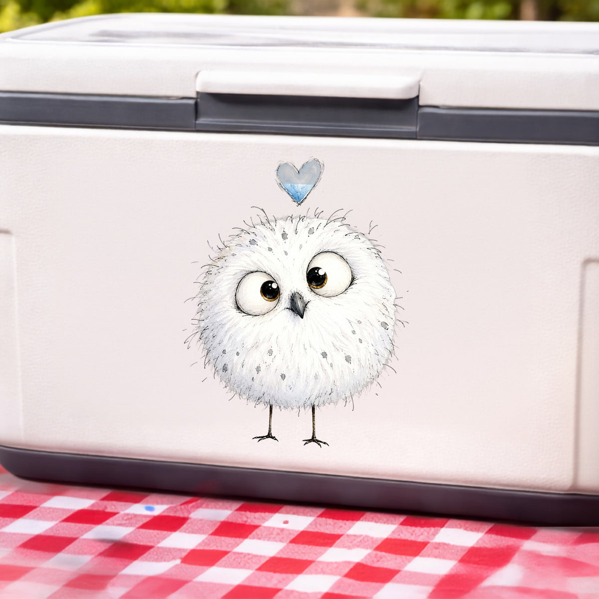 Round White Owl UV DTF sticker applied to a white cooler on a red gingham cloth